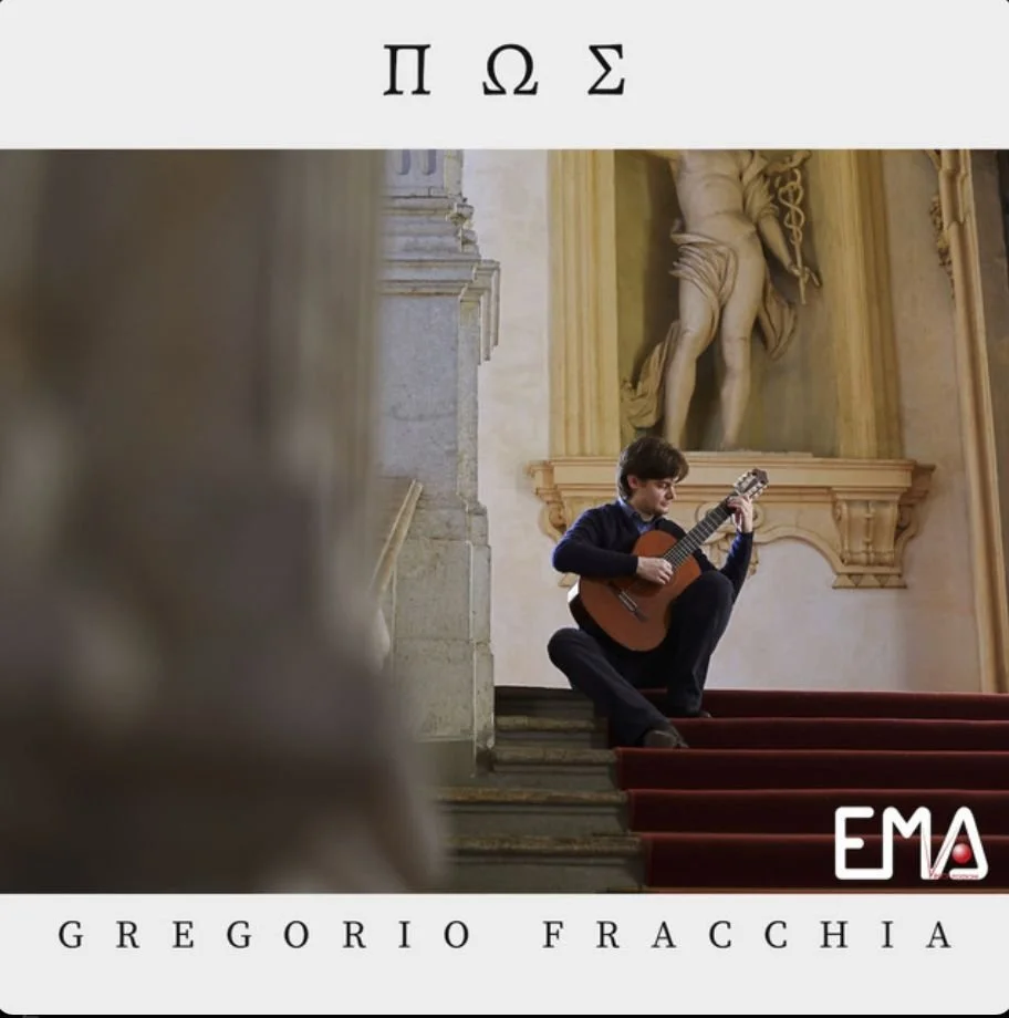 Abstract watercolor painting with horizontal bands of blue, purple, orange, and green colors.