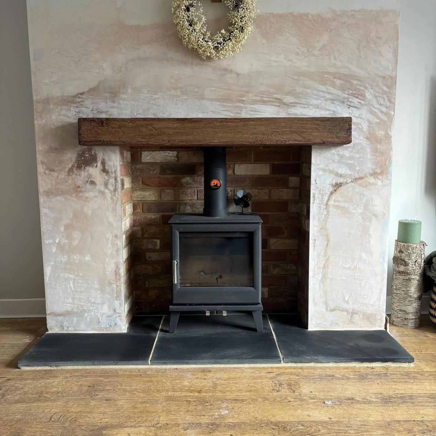 Our new Nevis View stone fireplace surround with a striking brick slip chamber, topped with a chunky non-combustible beam. Paired with a sleek black stone hearth, it&rsquo;s given the room such a warm, cosy feel already.
Can&rsquo;t wait to light the