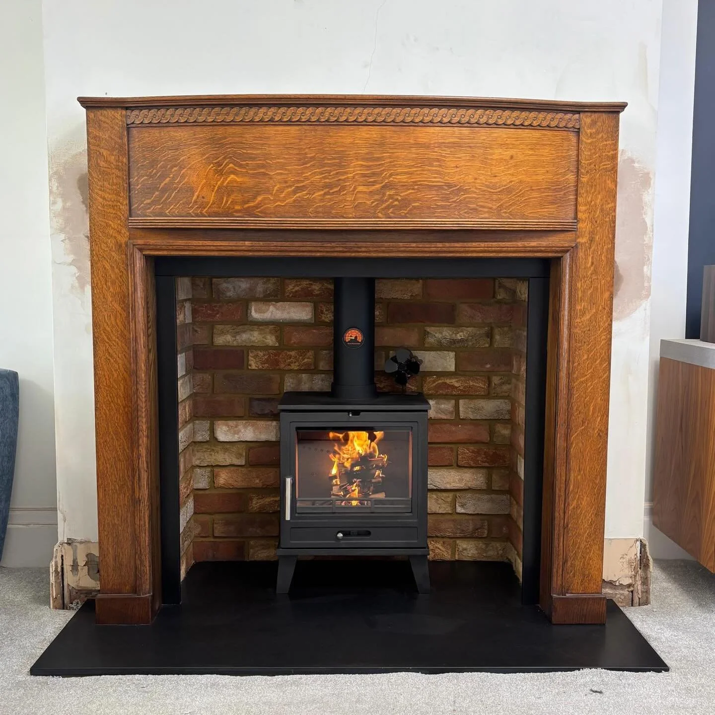 🔥 Just installed this beautiful Cast Tec Nevis 5 wood-burning stove!🔥

Paired with a stunning original oak wood surround, honed granite hearth &amp; slip set, and a classic brick slip interior &mdash; this fireplace has real character and warmth.
P