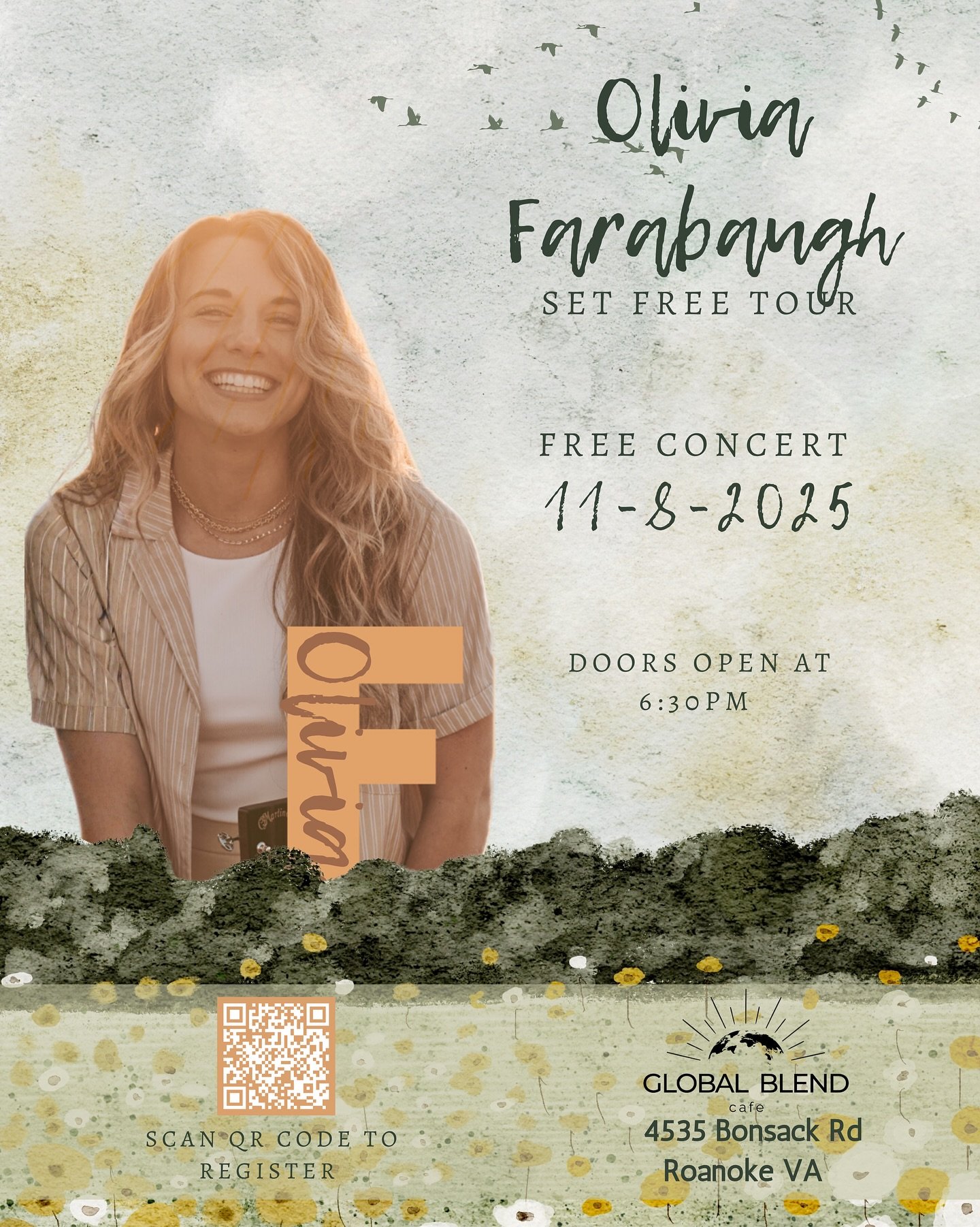 📅 Reminder! This Saturday at 7PM. Don&rsquo;t miss the FREE concert at Global Blend! 🎤✨

Join us for an evening of worship, stories, and community featuring Olivia Farabaugh on her Set Free Tour. 

🎟️ Spots are limited, so grab your free ticket no