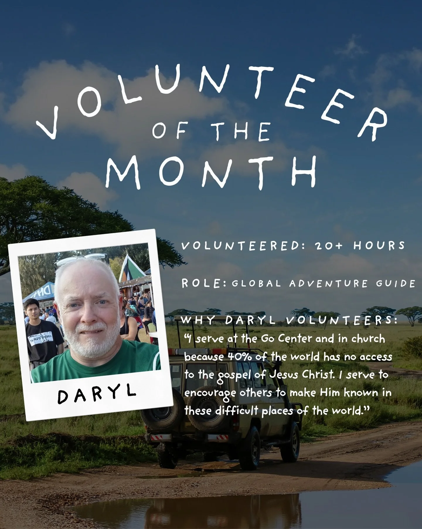 🌟 Volunteer of the Month: Daryl! 🌟

Daryl has already volunteered 20+ hours here at the GO Center! You&rsquo;ll often find him all around the GO Center serving as a Global Adventure Guide wherever needed. He goes above and beyond&mdash; even steppi