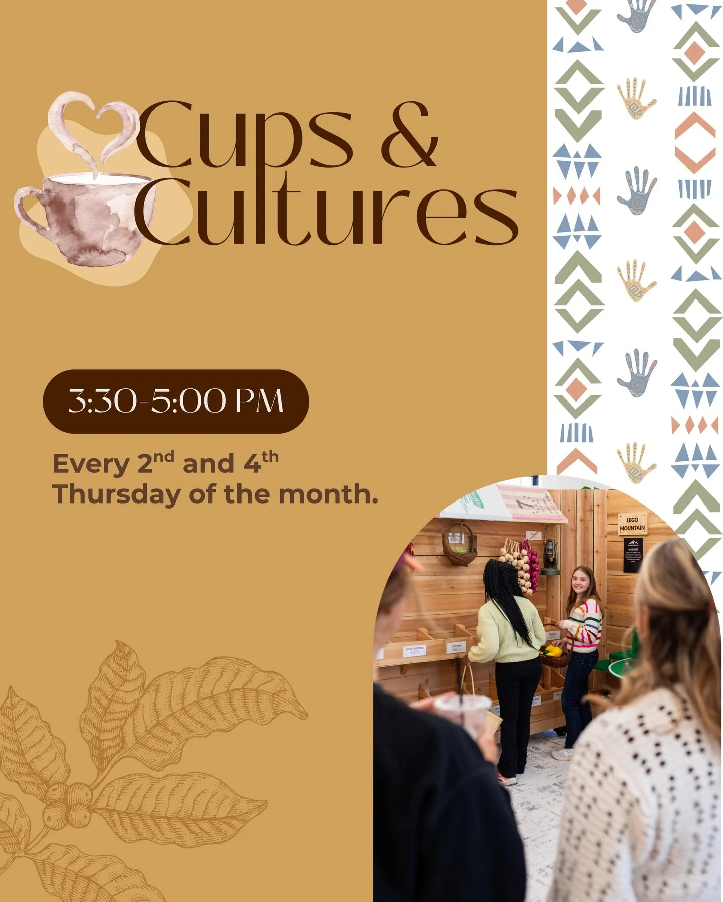 Come spend an afternoon connecting with other parents while enjoying tea, coffee, and conversation in the Global Blend Caf&eacute;. Meanwhile, your elementary-age children will embark on a fun, cultural, hands-on adventure filled with stories, crafts
