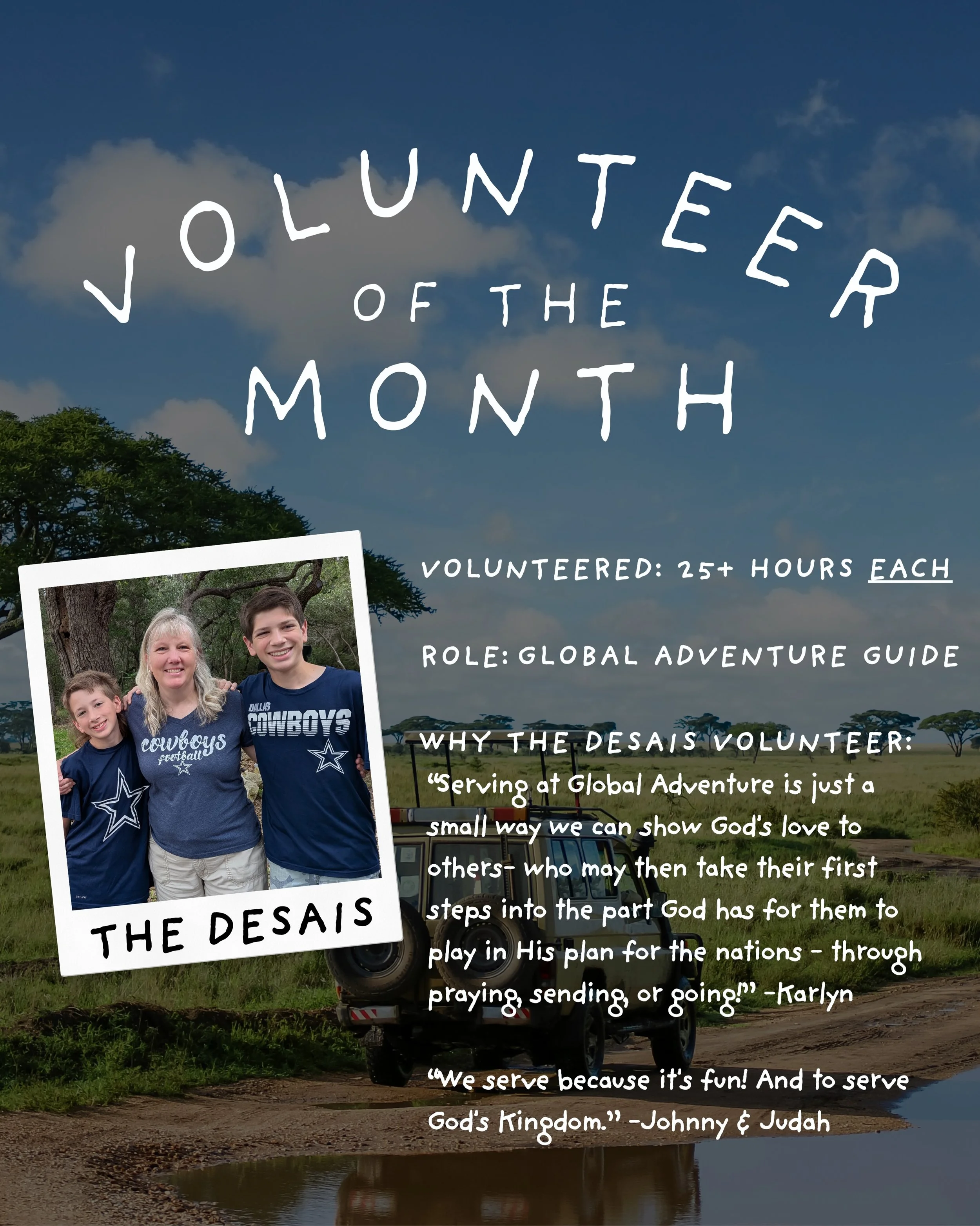 🌟 Volunteers of the Month: the Desais! 🌟

Karlyn, Johnny, and Judah have each served 25+ hours each here at Global Adventure! Whether they&rsquo;re welcoming guests, sharing the big picture of God&rsquo;s heart for the nations, or helping visitors 