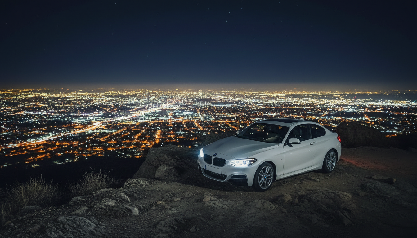 A white BMW car parked on a rocky hillside overlooking a brightly lit cityscape at night with a clear starry sky above.