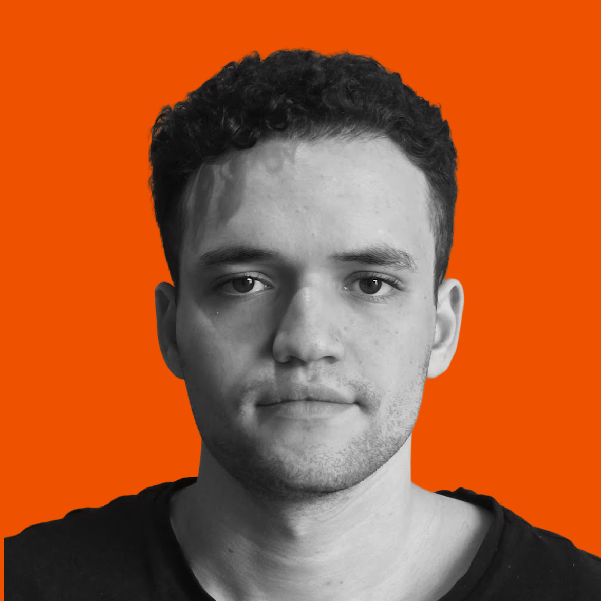 Black and white portrait of a young man with curly hair, set against an orange background.