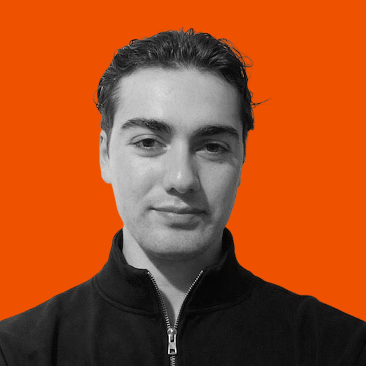 A black and white portrait of a young woman with dark, slicked-back hair, wearing a zip-up sports jacket, against an orange background.