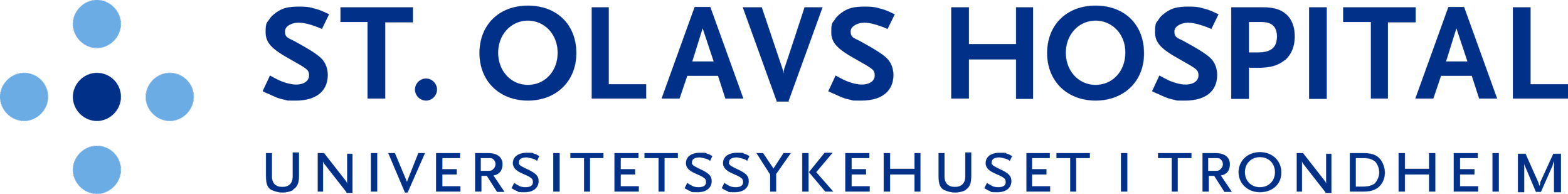 Logo of St. Olavs Hospital in Trondheim, Norway, featuring stylized blue circles forming a cross and the hospital name in blue text.