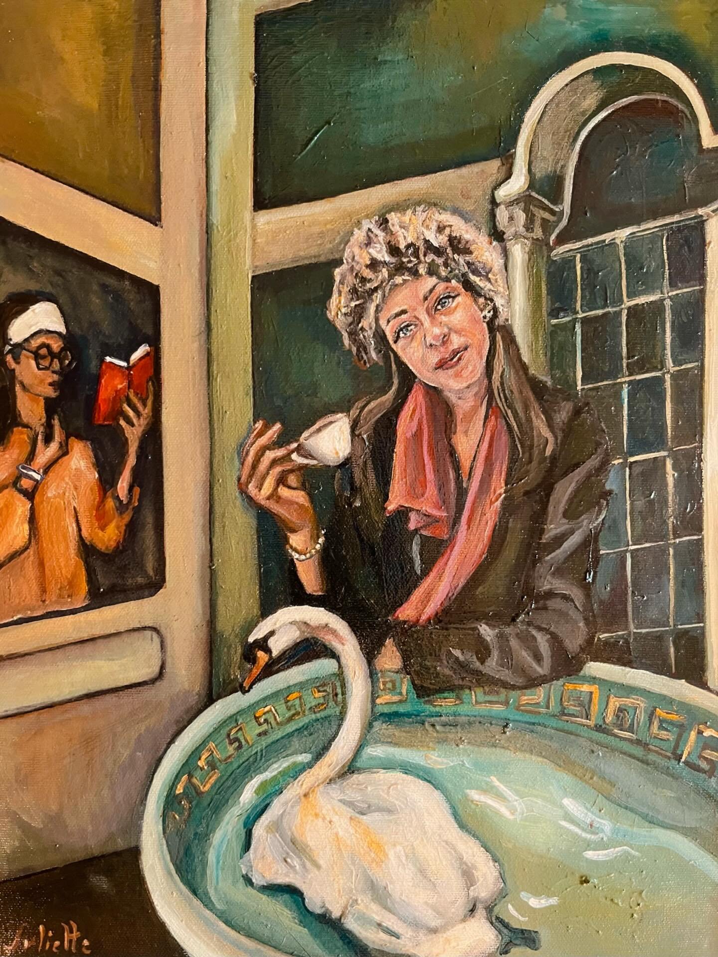 Same painting- different day 🦢 📕 ☕️ 💅