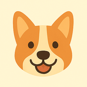 Cartoon illustration of a happy dog's face, with large ears, black eyes, and a smiling mouth.