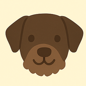 Cute cartoon brown dog face with floppy ears and a smiling expression.