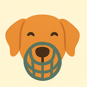 Cartoon illustration of a dog with a smiling face and a basketball net over its mouth.