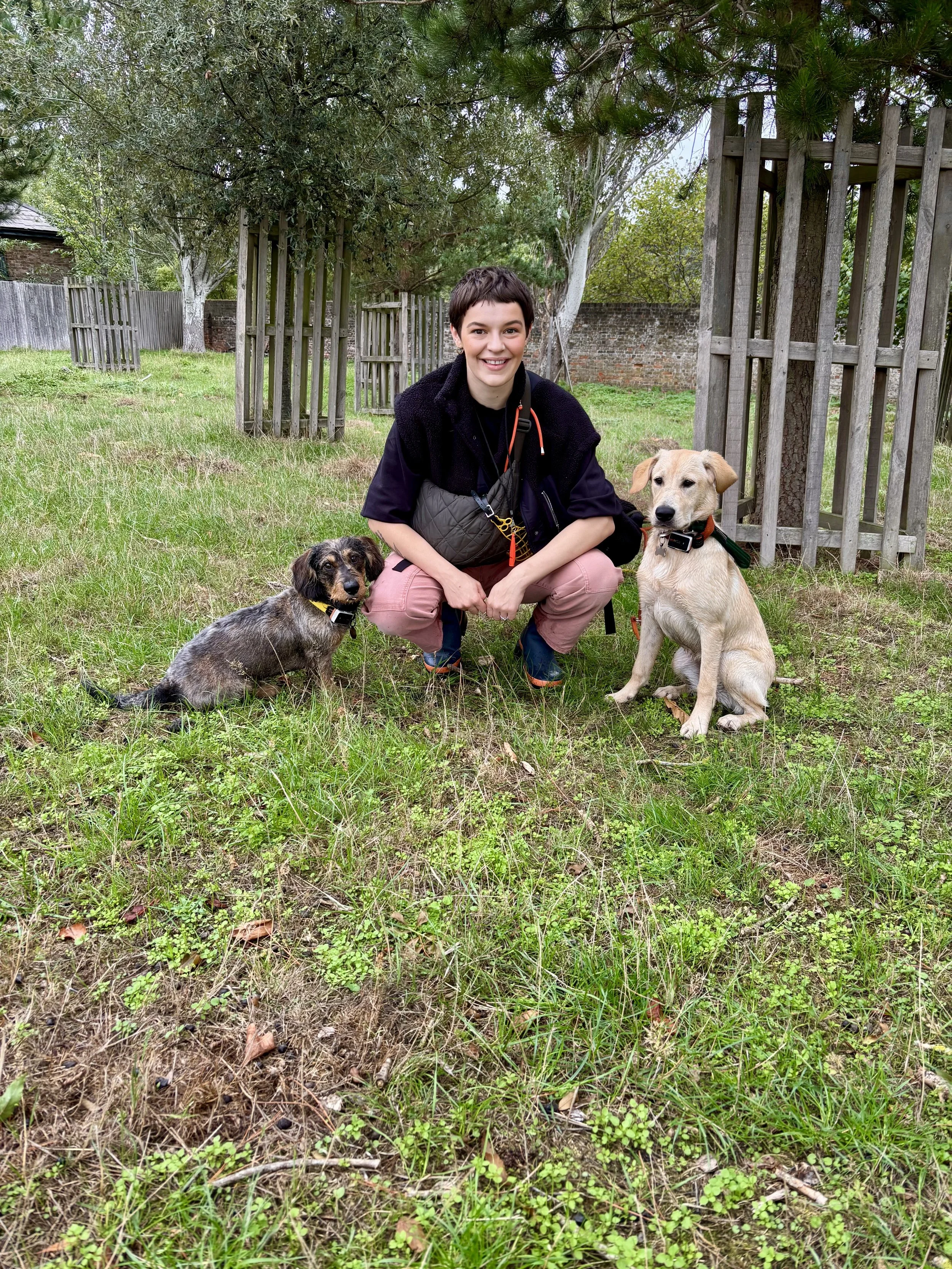 A smiling woman crouching in a grassy yard with two dogs, one on each side. The yard has trees and wooden fencing in the background.