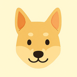 Cartoon illustration of a dog's face with tan and cream fur and black eyes.