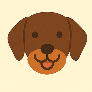 Cartoon illustration of a dog's face with floppy ears and a happy expression