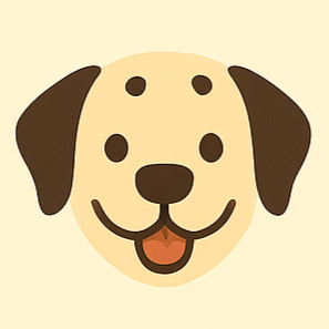 Illustration of a dog's face with a friendly expression, dark ears, and spots on its face on a light background.