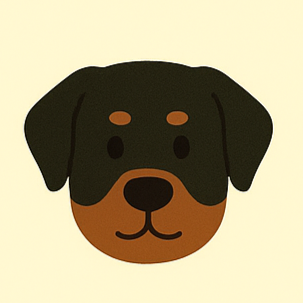 Illustration of a dog's face with black and brown coloring, floppy ears, and a simple expression.