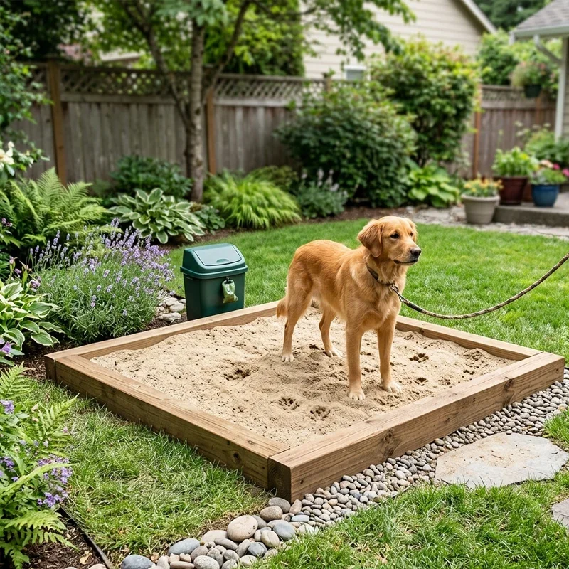 Designated dog potty area in a backyard to help prevent grass damage