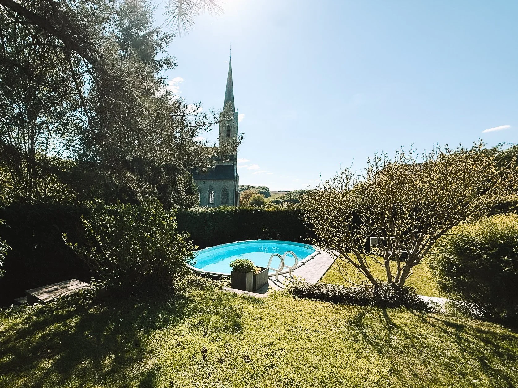 Een tuin met verwarmd zwembad omgeven door groen struikgewas en bomen.