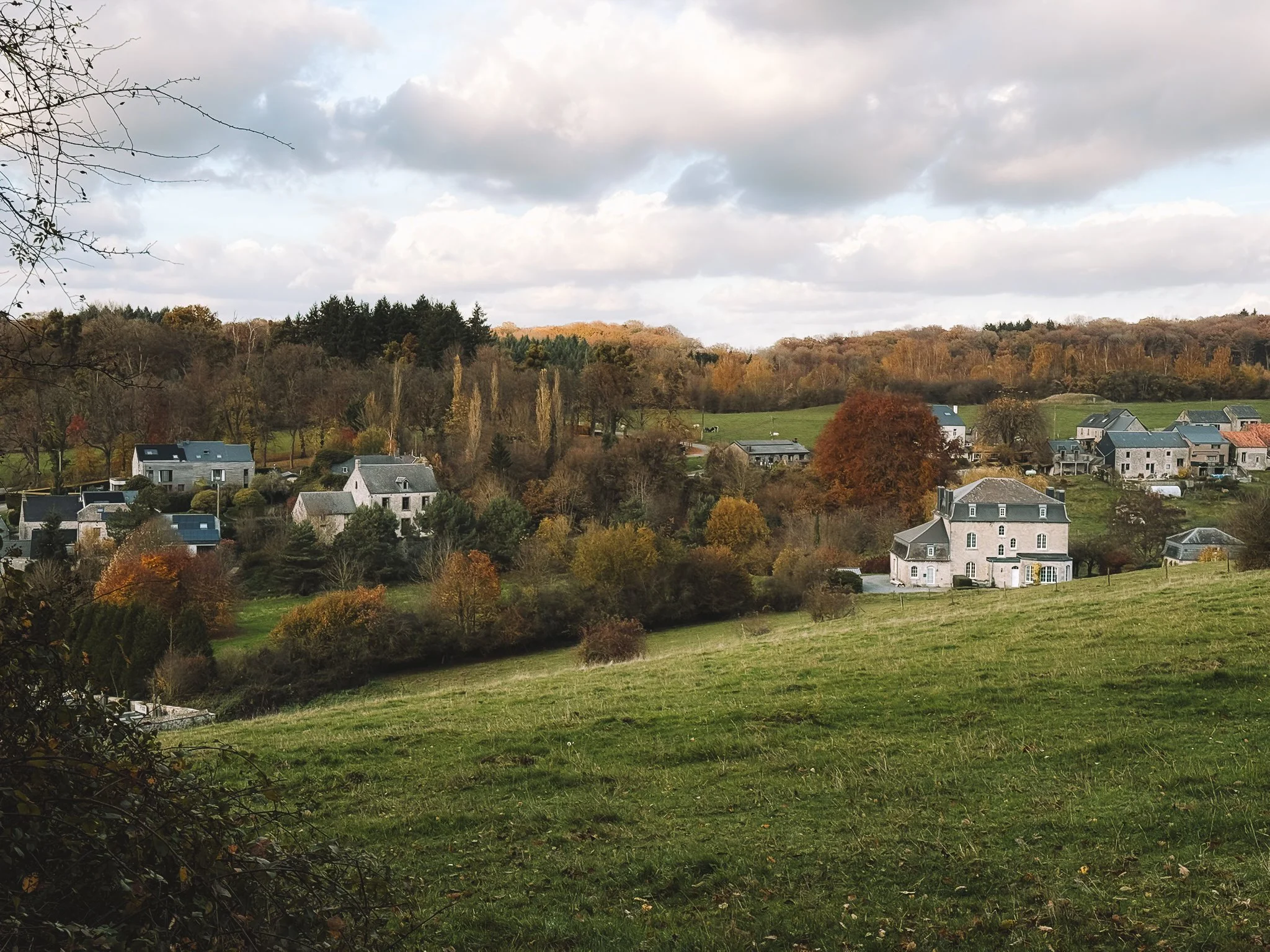 Landschap van een heuvel met verschillende huizen en bomen in herfstkleuren onder een bewolkte hemel.