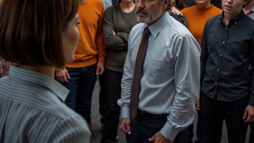 LoDi-A hyperrealistic photographic capture of a tense office standoff. A determined woman, early 40s, sports a sharp bob haircut and an intense gaze, confronting a man with a loosened tie and a weathered face etche.jpg