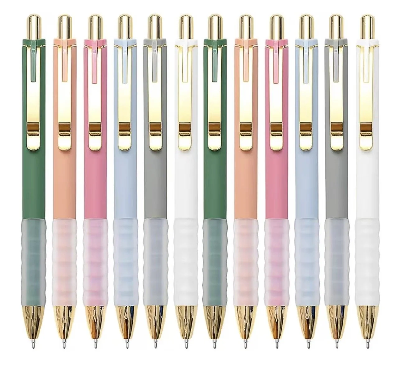 Set of 12 ball point pens with gel grips. Comes with two of each color except the white pen. The colors are; emerald green, coral/peach, pink, light blue, grey, and the one white one. They have gold toned metal.