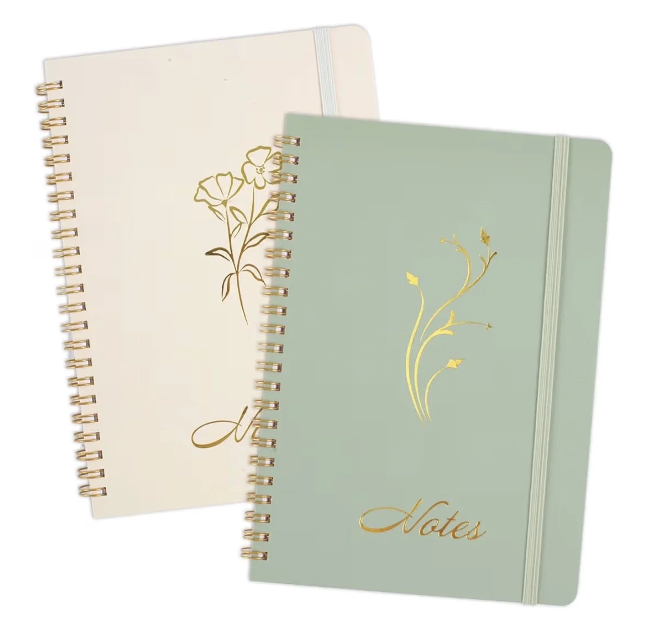 2 pack of spiral journals. One cream in color, the other sage green. Both have gold embossed floral pattern on the cover, and the word "Notes" under the floral pattern.
