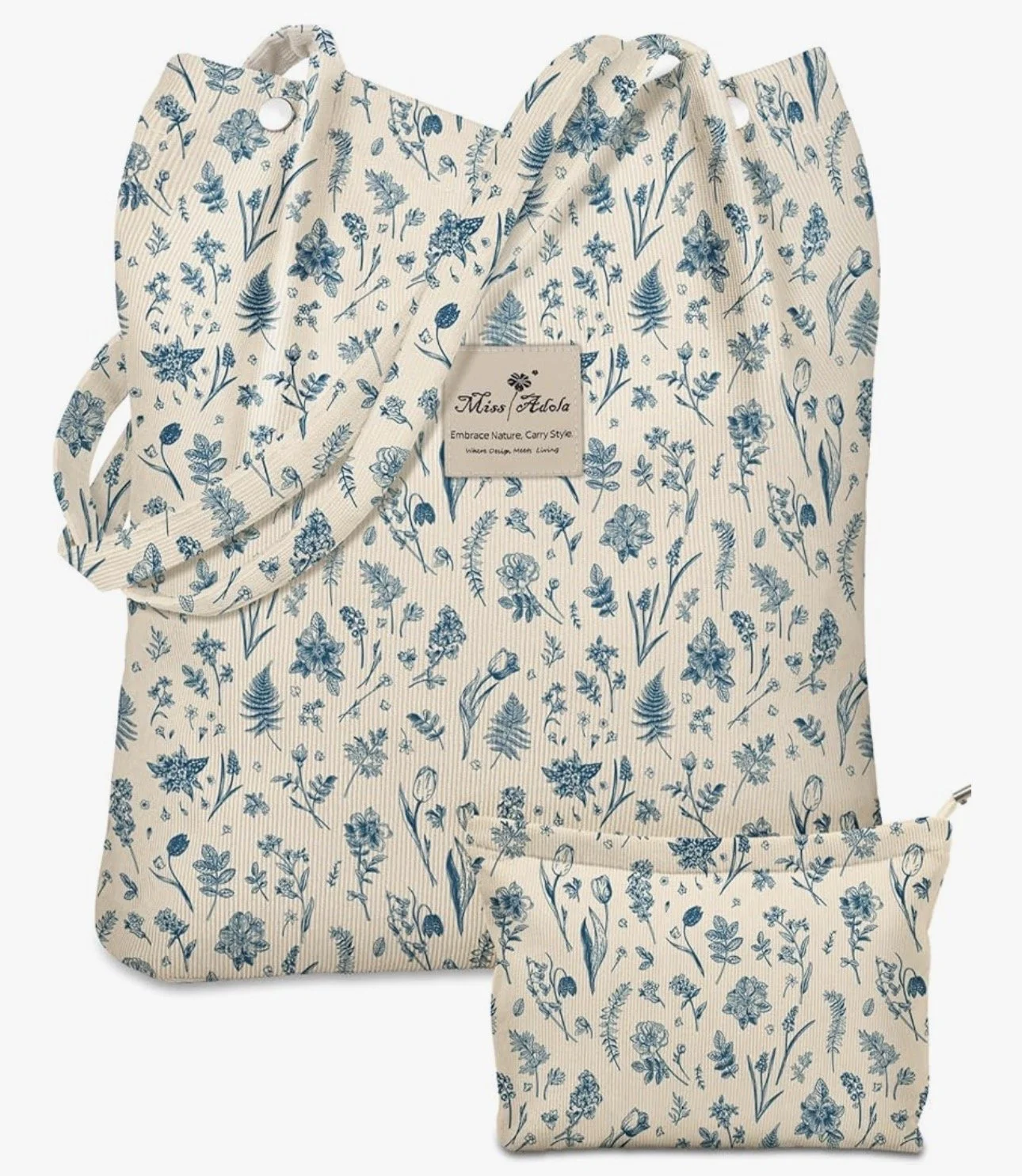 Corduroy blue floral tote bag with white background. Large enough for notebooks, a book, water bottle, wallet, and more small items.