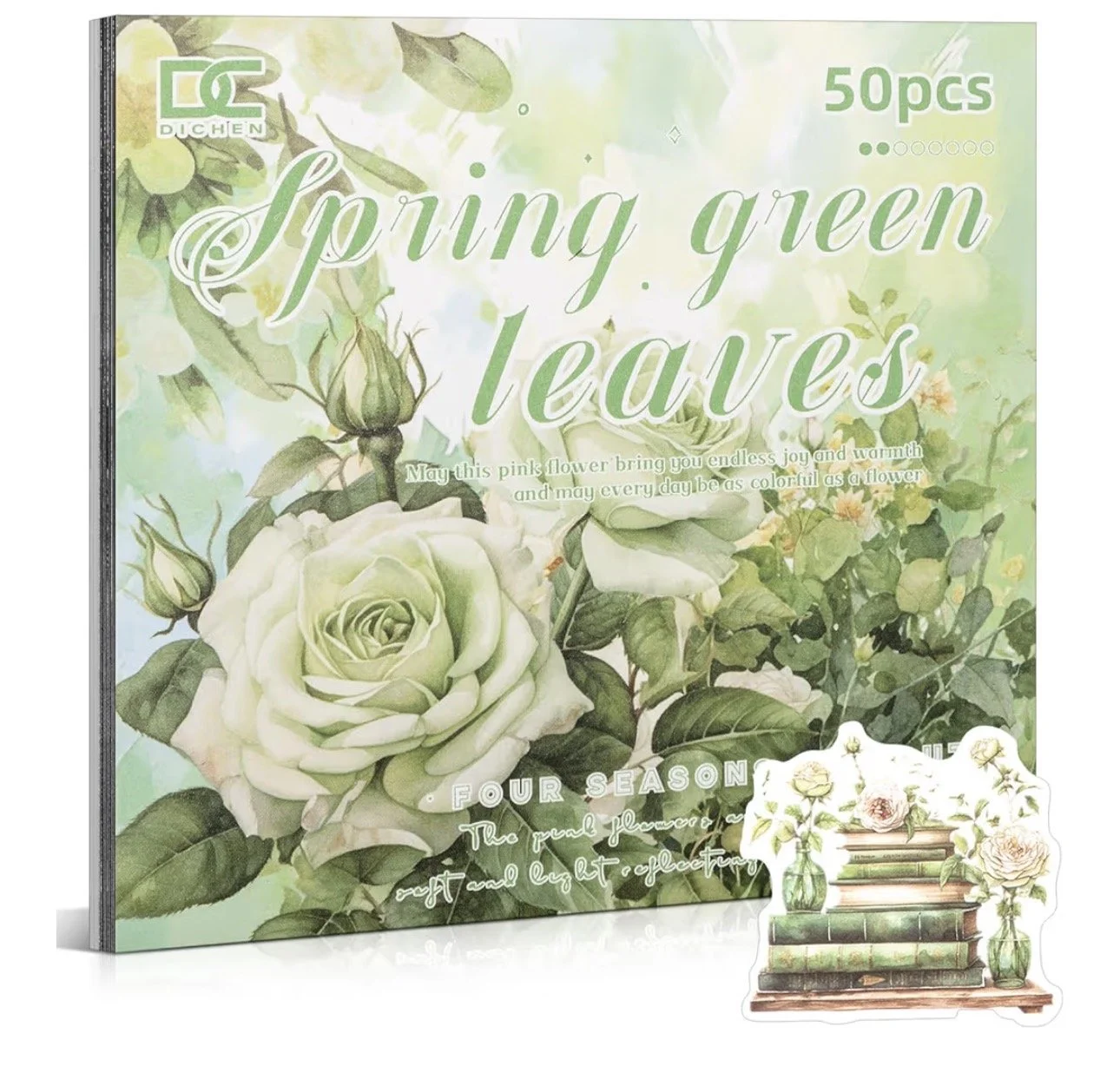 50 pieces of green and cream floral stickers for journaling or scrapbooking.