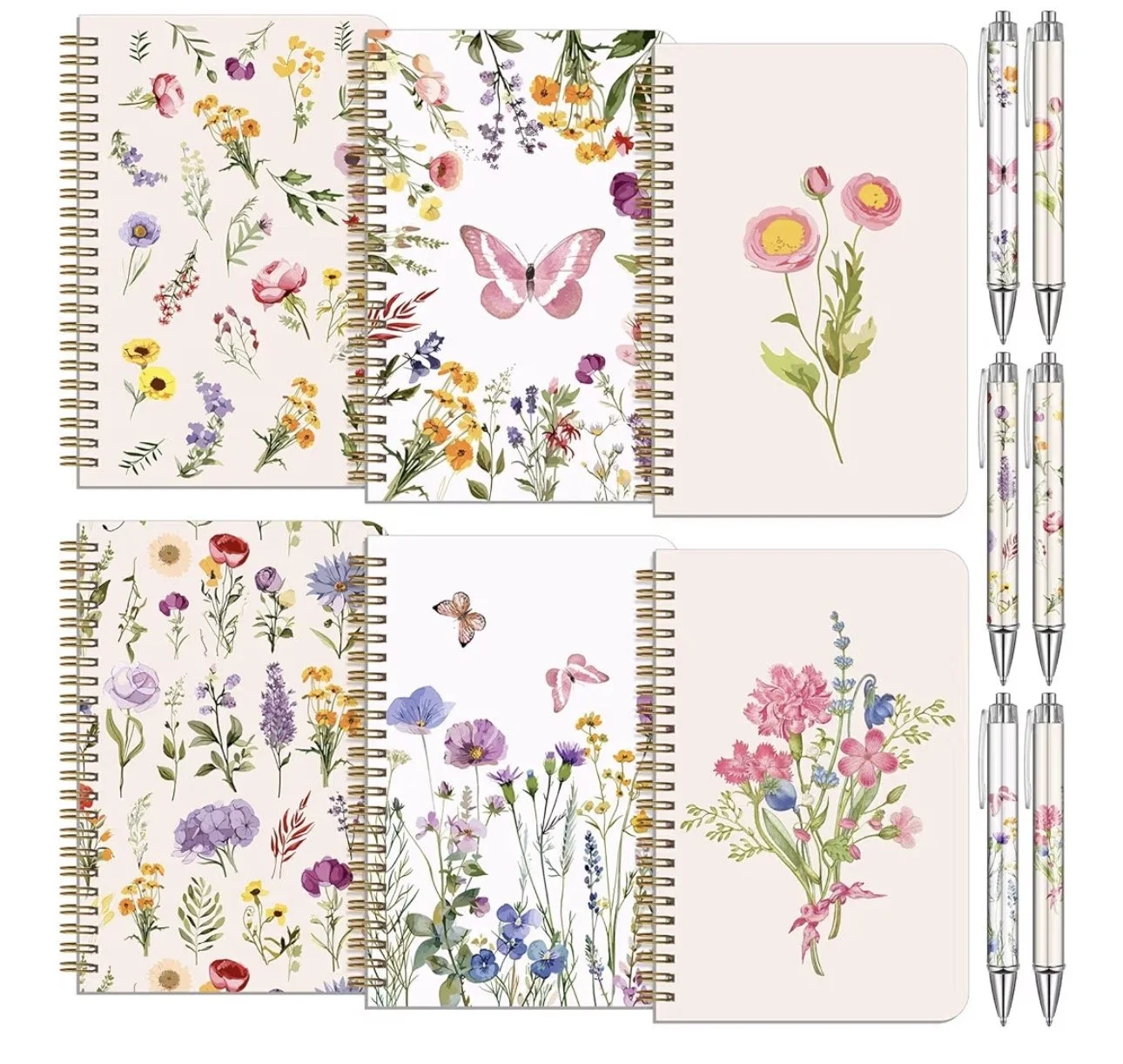 6 Pack of spiral floral notebooks with 6 ball point pens included
