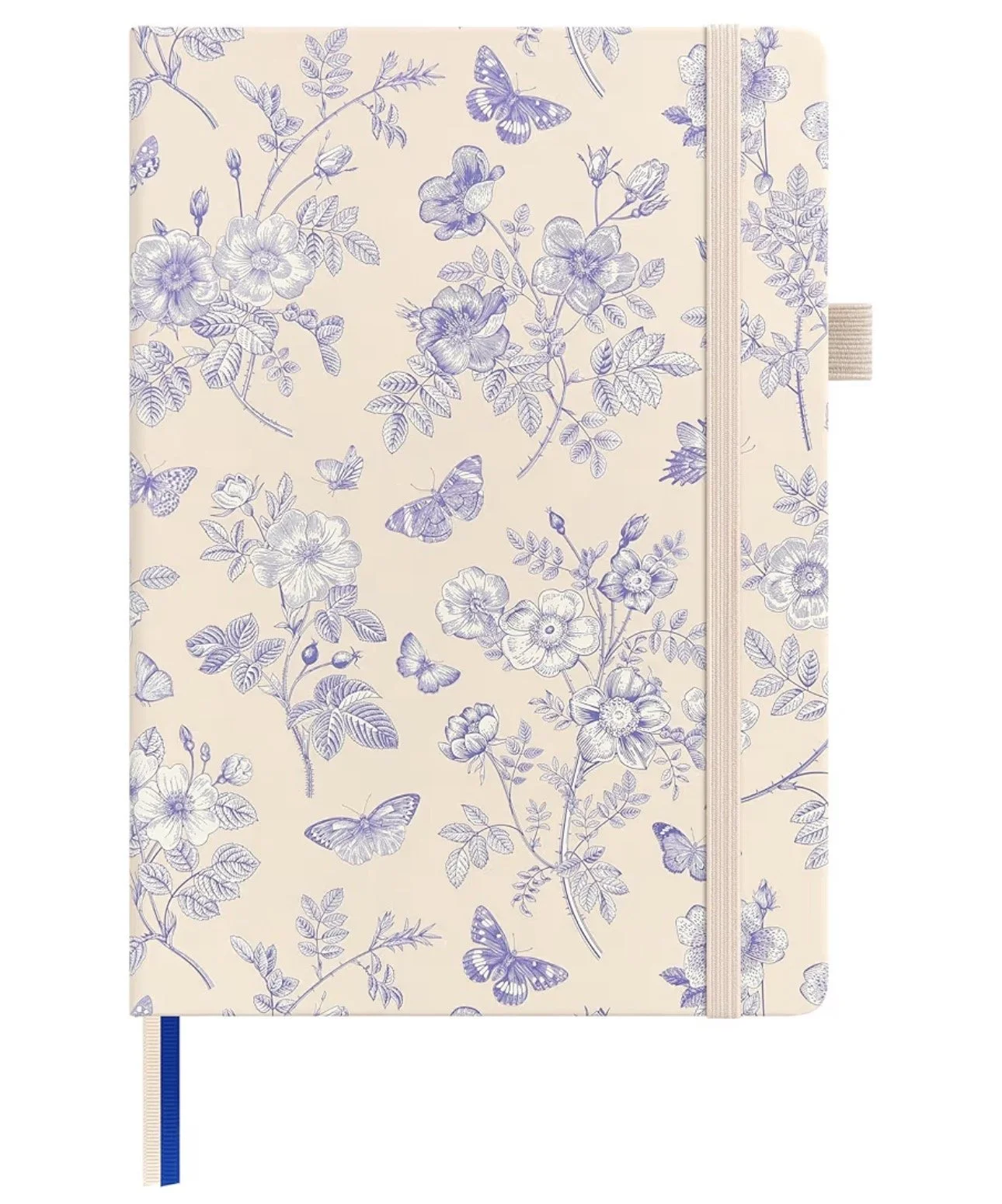 A blue/indigo toile floral and butterfly patterned cloth journal with elastic band for closure, a spot for your pen, and two ribbon bookmark.