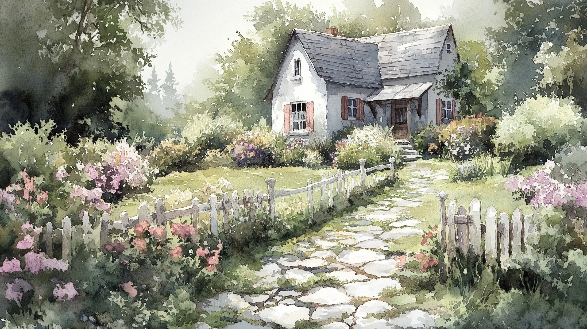 Watercolor painting of a charming house surrounded by lush green trees and colorful flowers with a stone pathway leading to the front door.