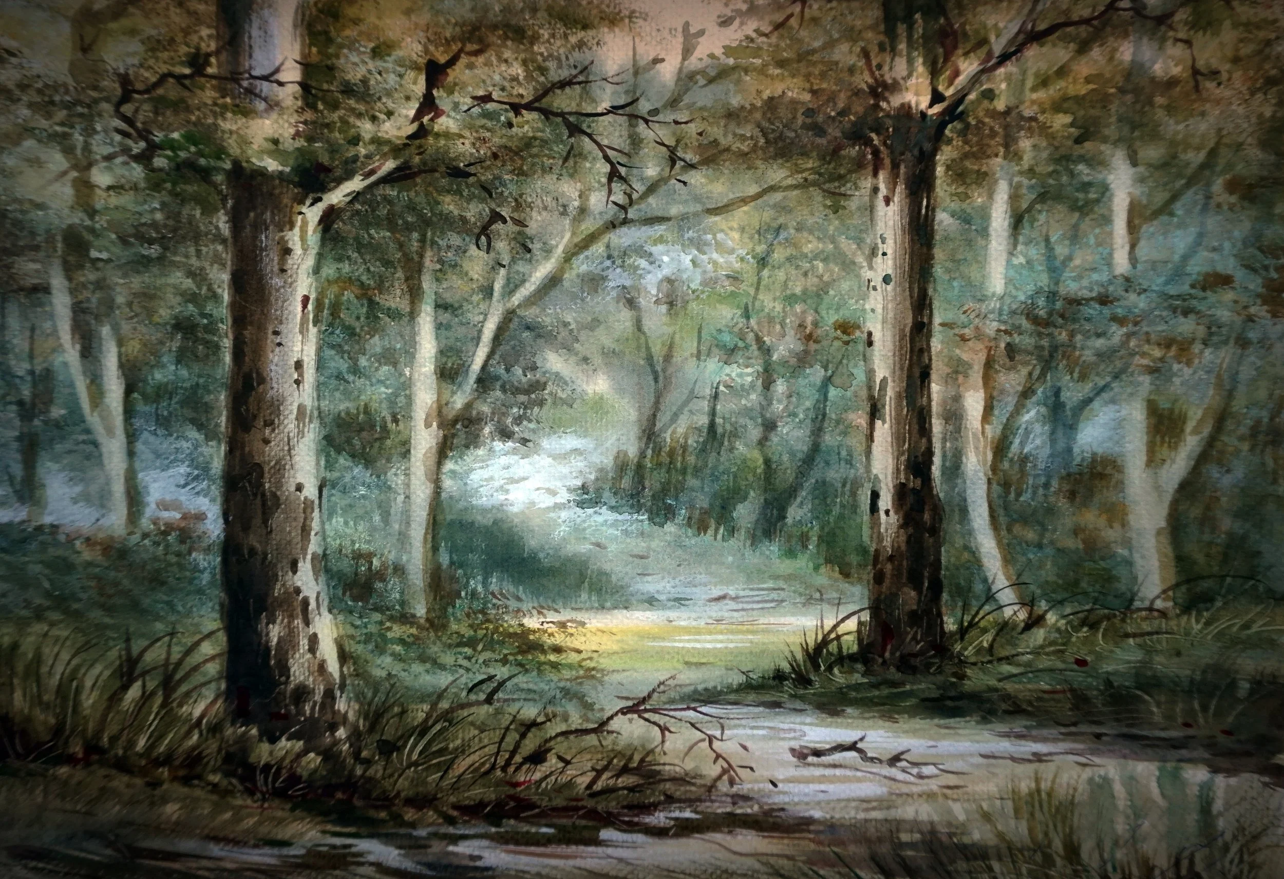 A watercolor painting of a forest scene with a dirt path, tall trees with spotted trunks, and dense green foliage, inspired by the style of Bob Ross.