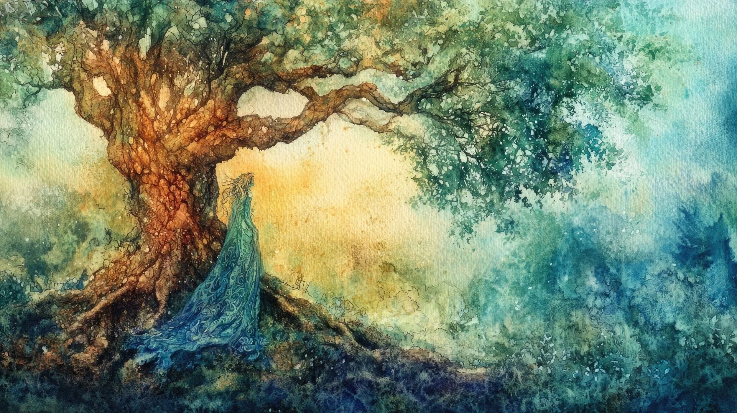 Watercolor painting of a woman with long, flowing hair wearing a blue patterned dress, standing beneath a large, sprawling tree with dense green foliage. The background features soft yellow, green, and blue tones.