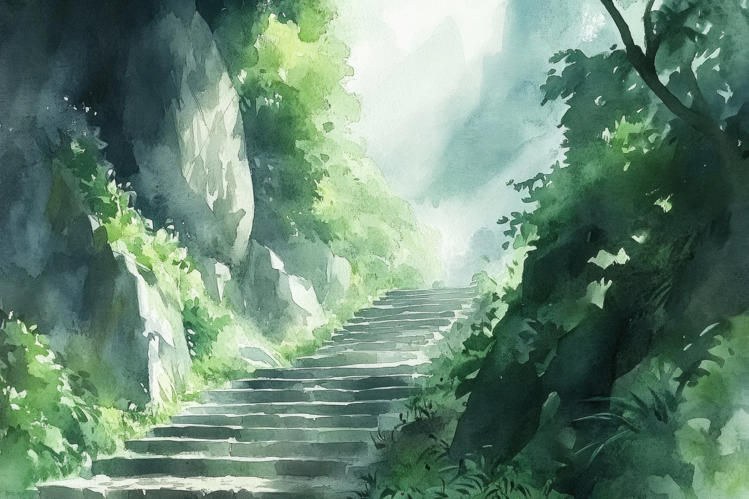 Watercolor painting of stone steps ascending through a lush green forest with sunlight filtering through trees.