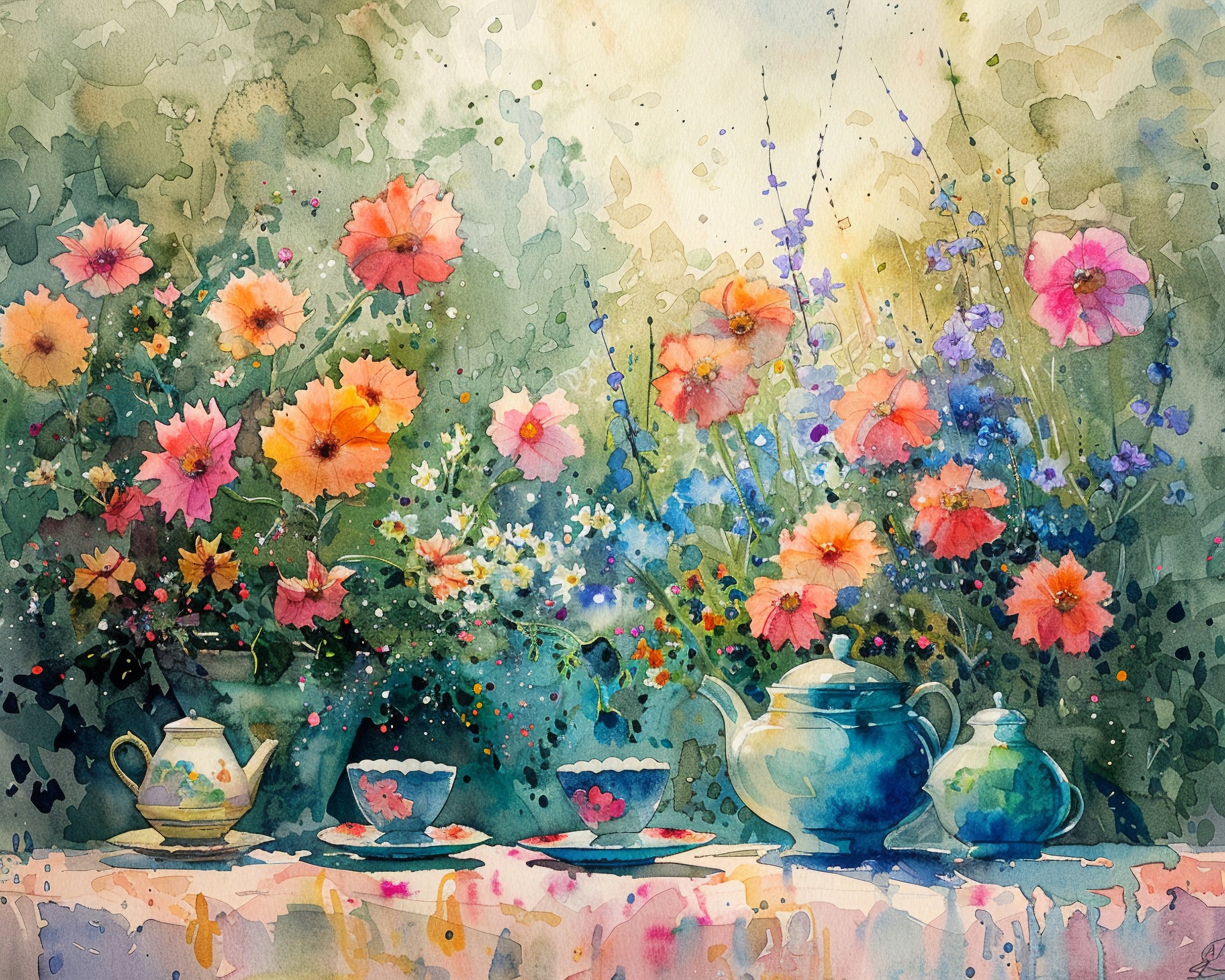 Watercolor painting of a garden scene with pink, orange, and purple flowers blooming behind a table with blue, yellow, and tan teapots and cups.
