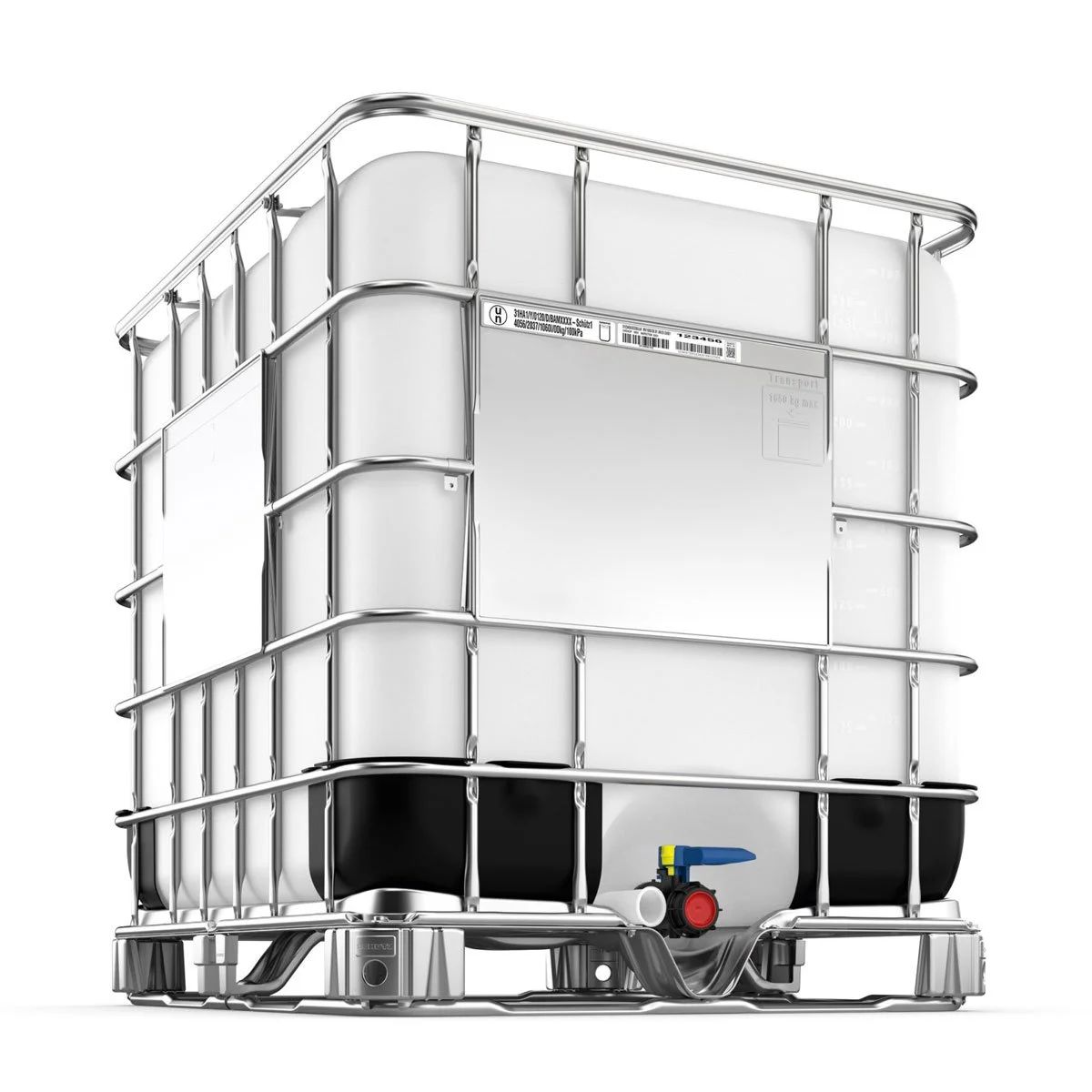 Large intermediate bulk container (IBC) with a metal cage, white inner tank, and a valve at the bottom, used for storing and transporting liquids.