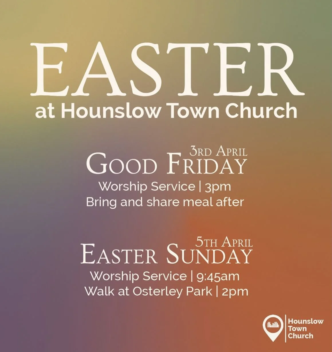 Easter is approaching, and we would love for you to join us in celebrating the death and resurrection of Christ on Good Friday and Easter Sunday! Invite your friends and family! 

#hounslow #hounslowtownchurch #london #goodnews #churchplanting