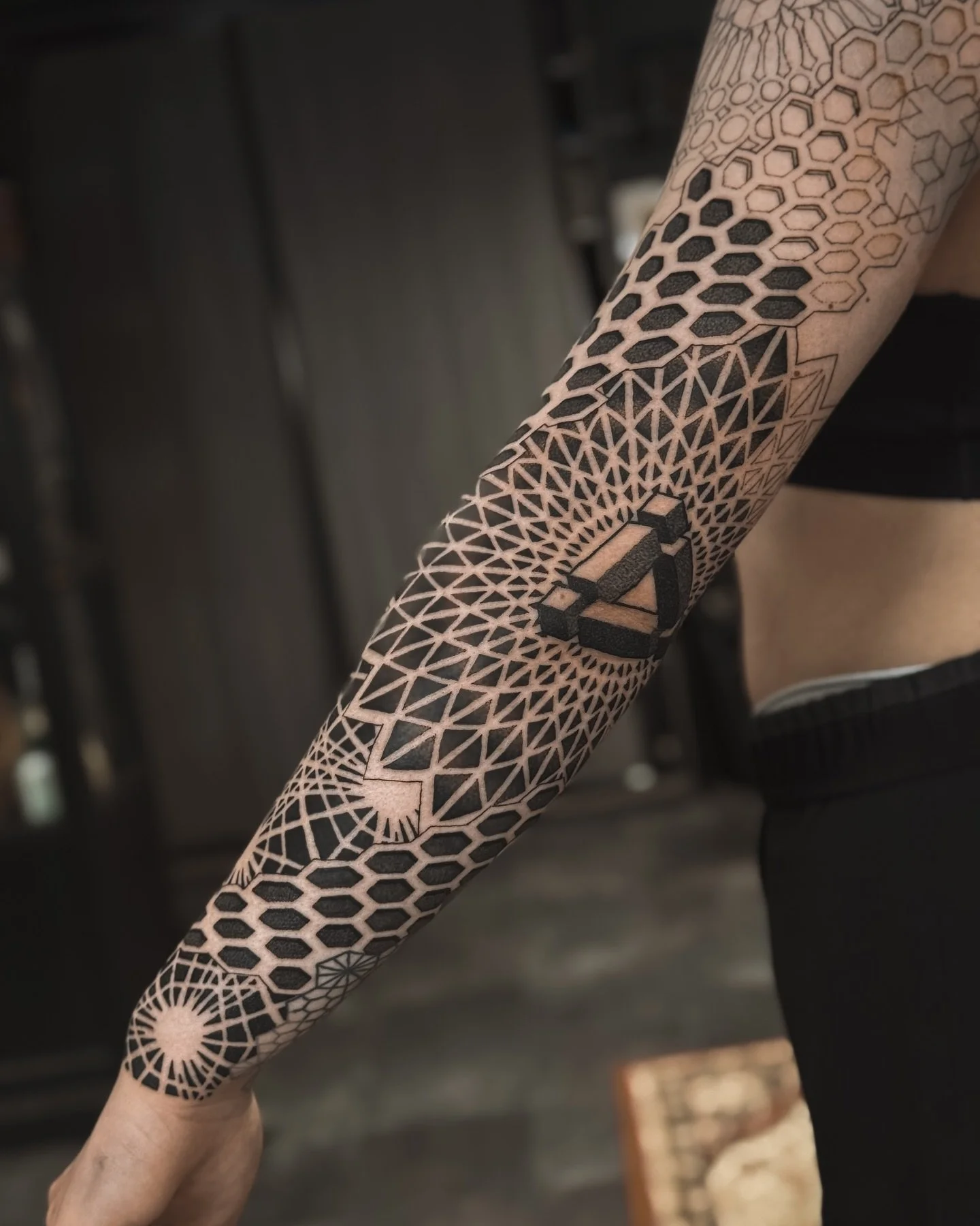 Geometric sleeve in progress ✨ Done 2 days in a row in Helsinki @tattooateljee 
❖ 
❖
❖
Booking: DM / dontommitattoo@gmail.com
❖ 
❖
❖
❖ 
❖
❖
#sleevetattoo #mandalatattoo #dotworktattoo #geometrytattoo #sacredgeometrytattoo