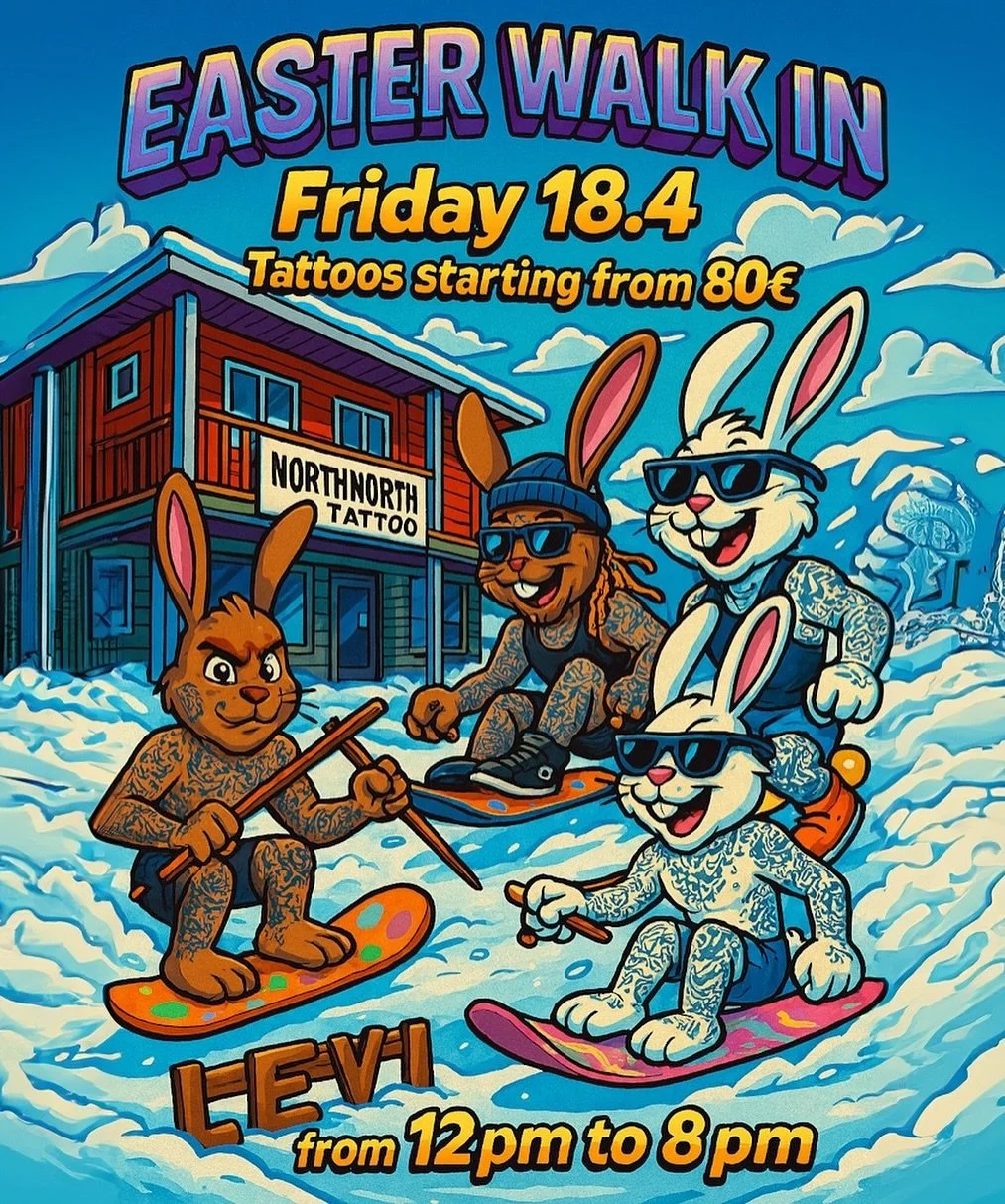 P&auml;&auml;si&auml;is Walk in perjantaina 18.4 Levill&auml; @northnorthtattoo 🐣🎉

Walk in kuvia tekem&auml;ss&auml; klo 12-20 @beva_tattoo @jeretatuoi @ianbeck_joffery @tommidots 

Tervetuloa ! 💛

Easter Walk In friday 18.4 in Levi @northnorthta