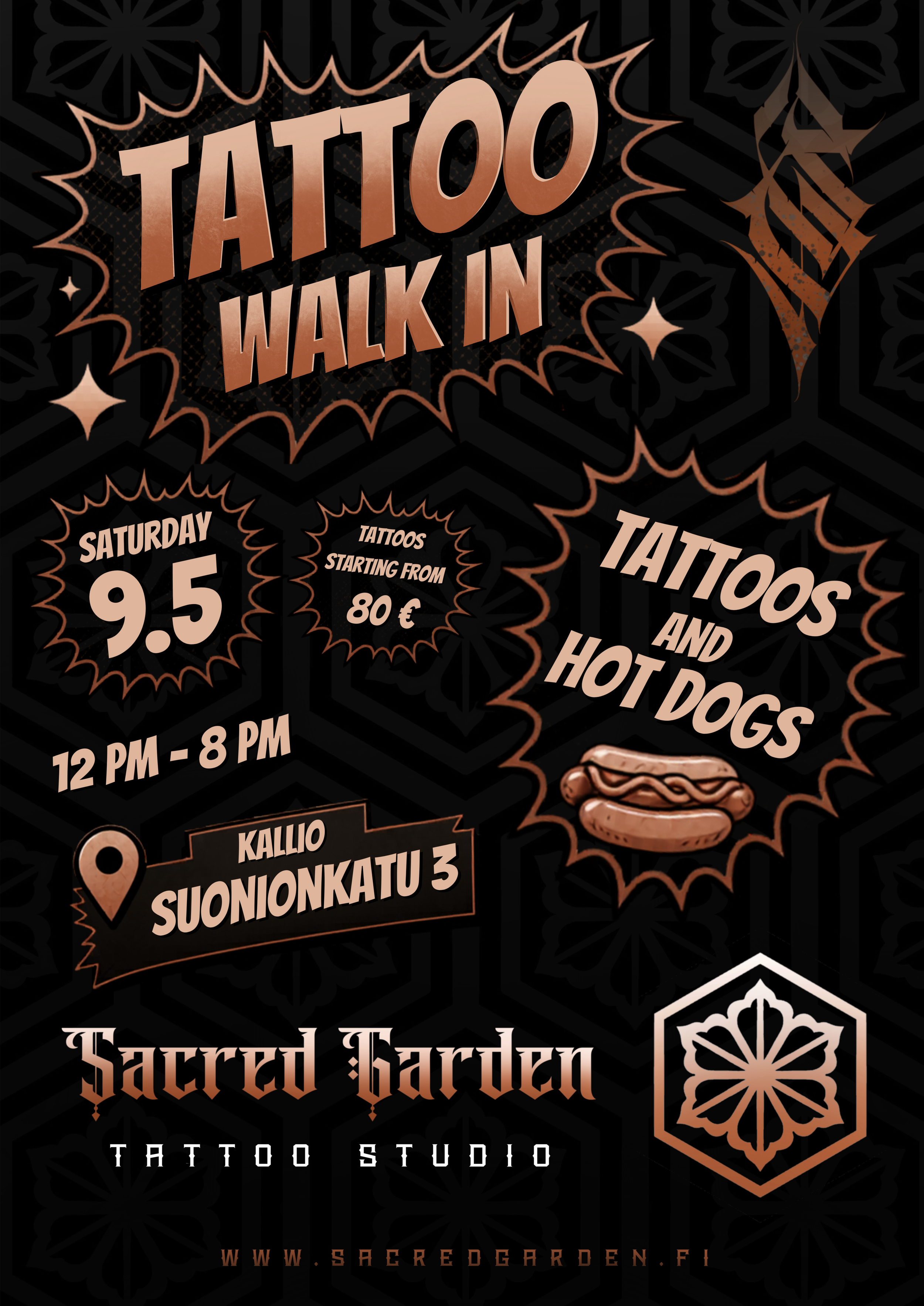 Mainos tatuointistudiosta, jossa kerrotaan tapahtumasuunnitelma Tapered Gardenissa lauantaina 9.5. klo 12-20, alkaen 80 euroa. Sijainti on Kallio, Suonionkatu 3.