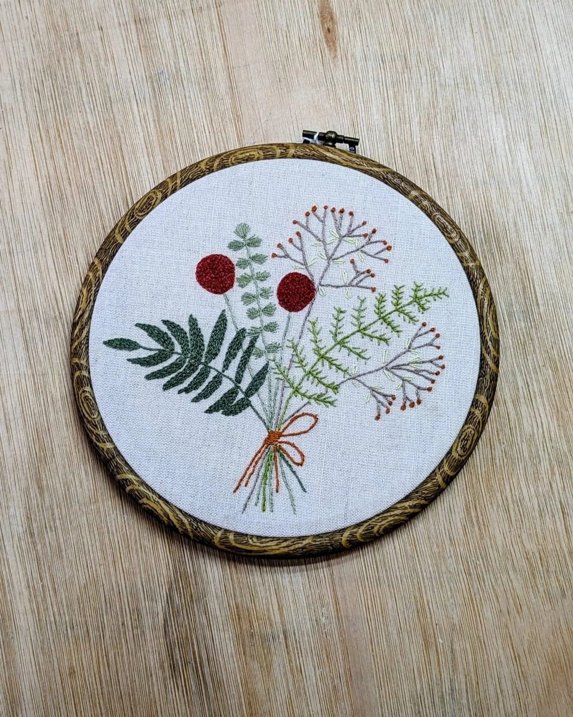 photo of an embroidery hoop with decorative floral embroidery