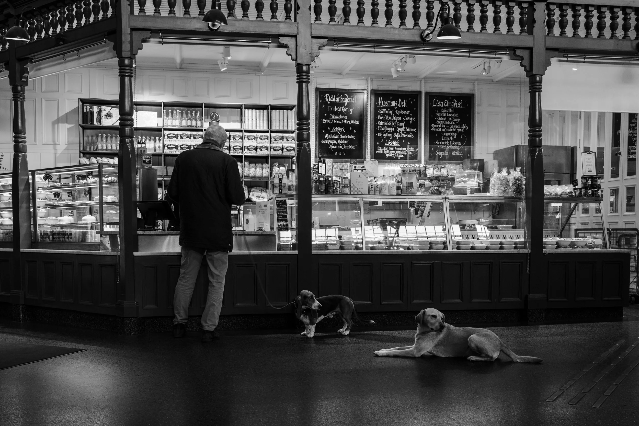 A man with two dogs standing in front of a market or deli counter inside a building with high ceilings and decorative woodwork. One dog is sitting, the other is standing. The counter displays various products and signs in a foreign language.