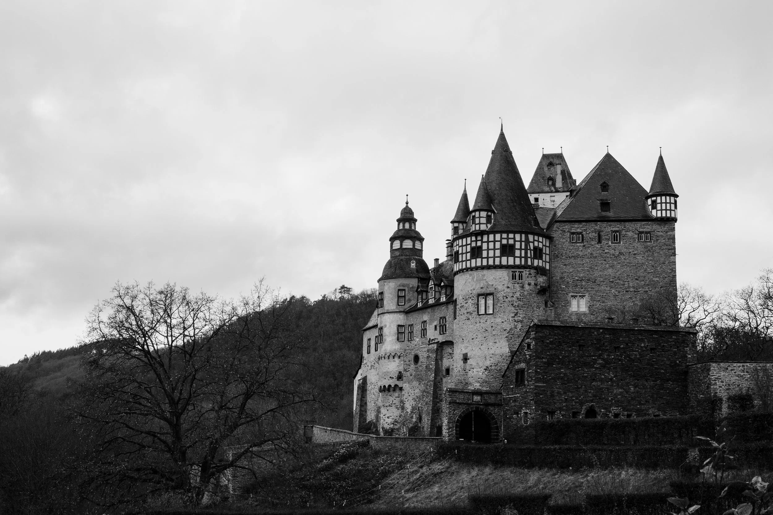 Black and white photo of a medieval castle with multiple towers and turrets, situated on a hill and surrounded by leafless trees.