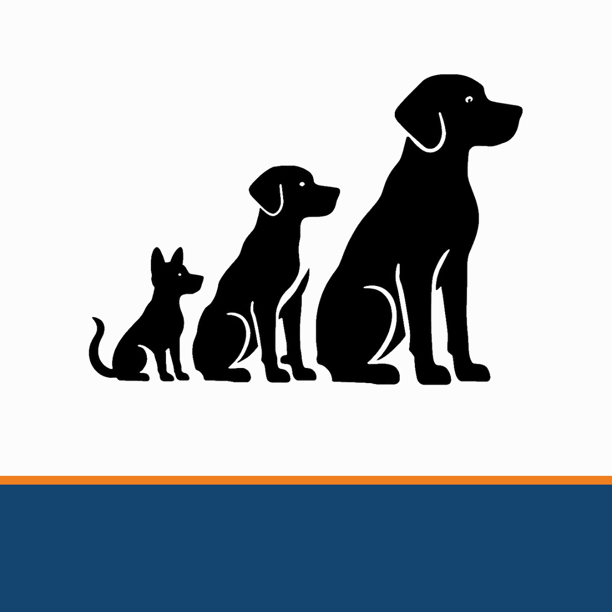Outline drawing of a cat, a small dog, and a large dog sitting side by side against an orange background.