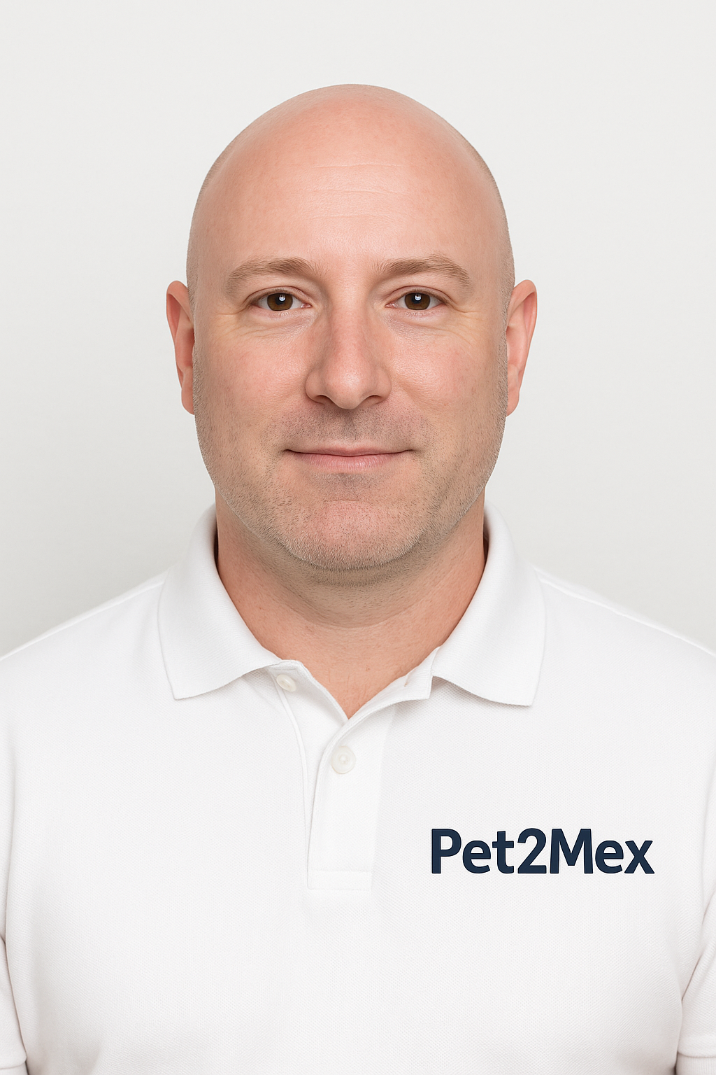 A man with a bald head and light skin, wearing a white polo shirt with the Pet2Mex logo, smiling softly against a plain white background.