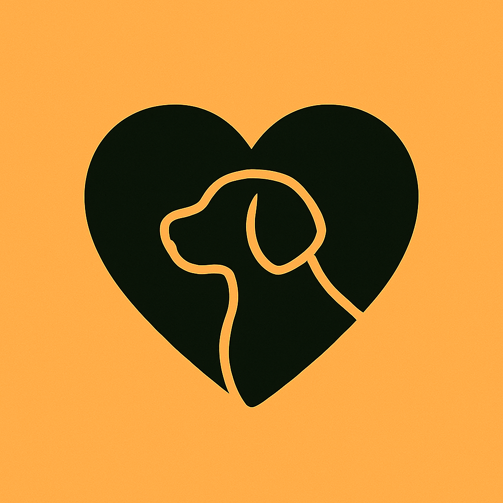Black line drawing of a cat and a dog inside a heart shape, with the dog appearing to lick the cat, on an orange background.