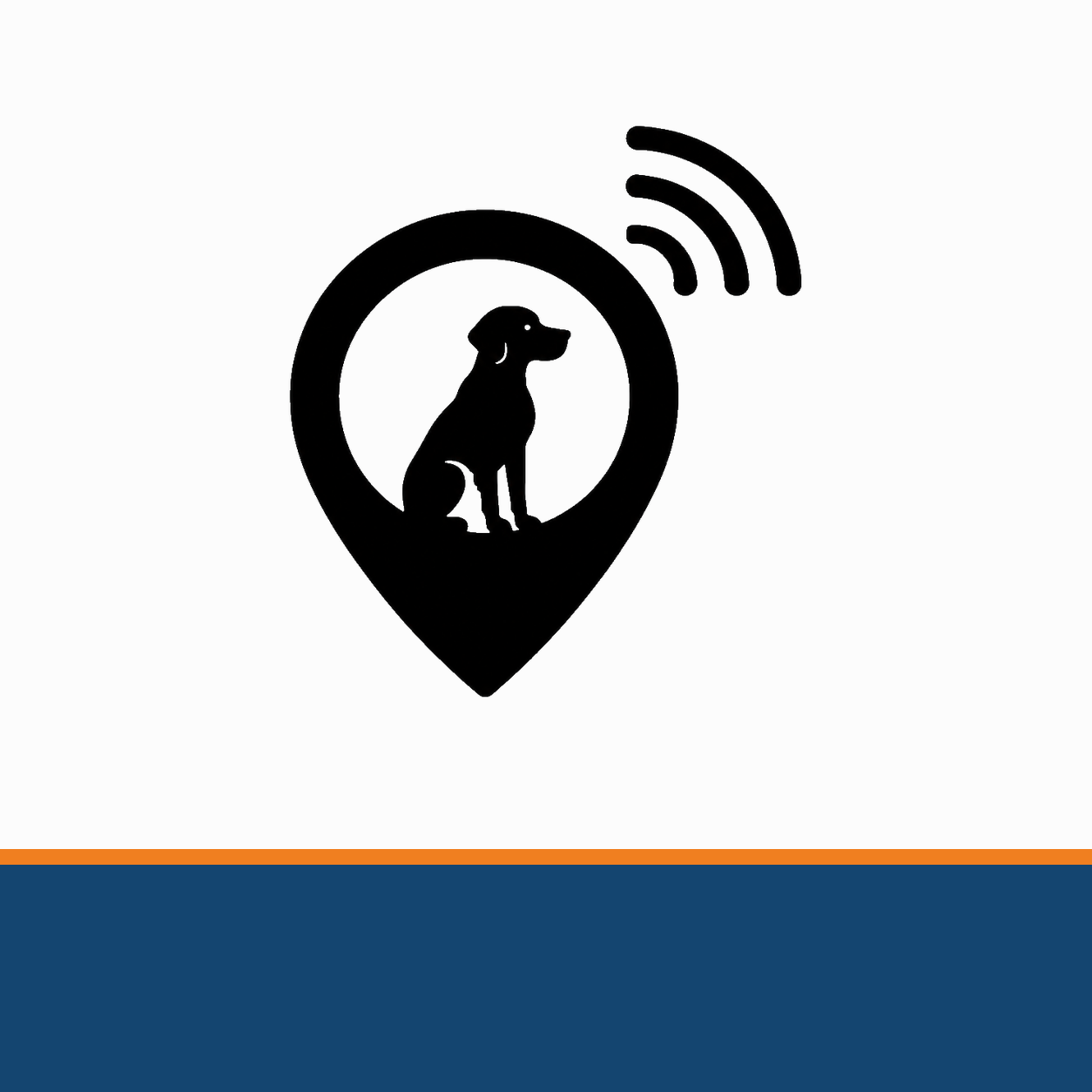 Icon of a dog's head with a location pin and Wi-Fi signal, with the text "GPS" underneath, on an orange background.