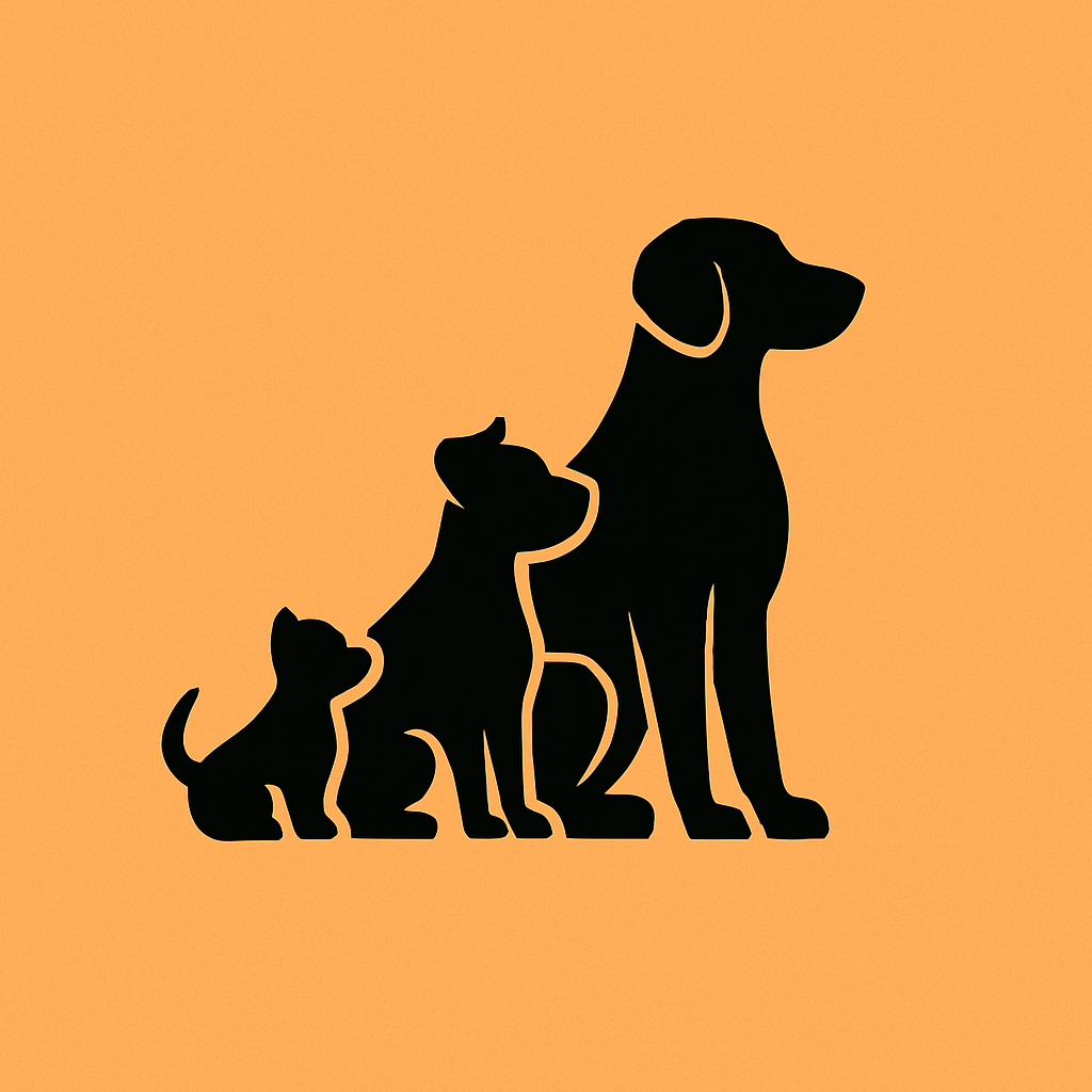 Outline drawing of a cat, a small dog, and a large dog sitting side by side against an orange background.