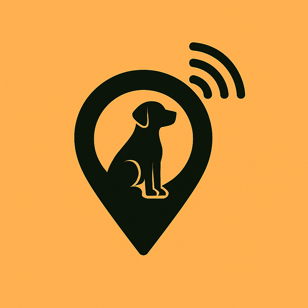 Icon of a dog's head with a location pin and Wi-Fi signal, with the text "GPS" underneath, on an orange background.
