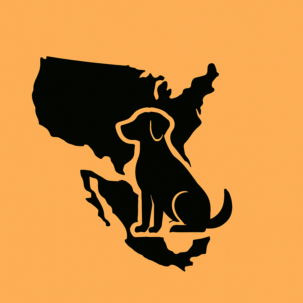 Outline of the United States map with a cartoon-style dog overlaid, set against an orange background.